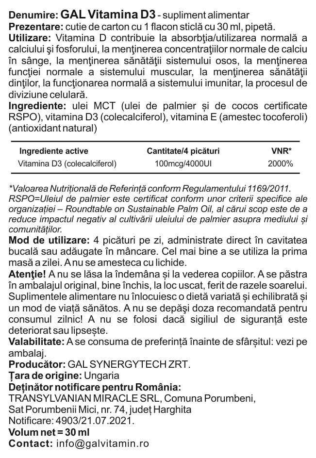 GAL Vitamina D3 - 4000 IU x 240 porții, 30 ml